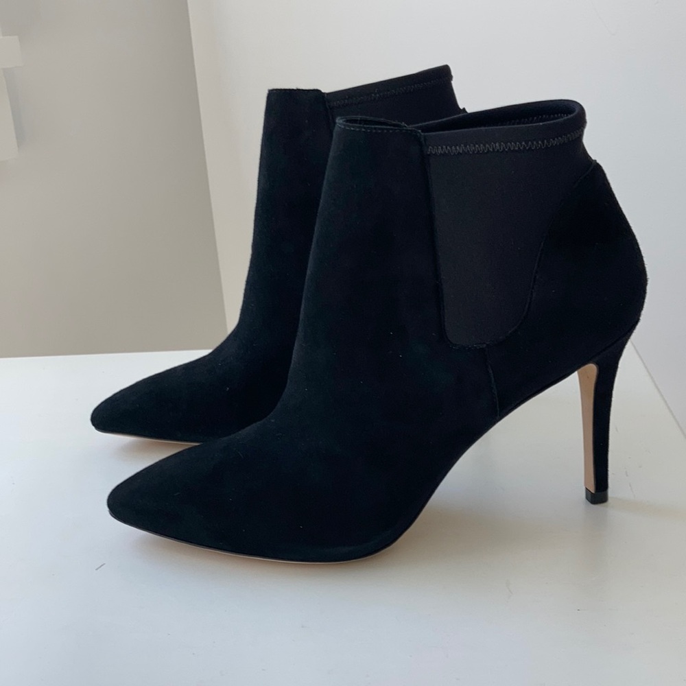 Loeffler Randall black suede Val neoprene booties 9.5